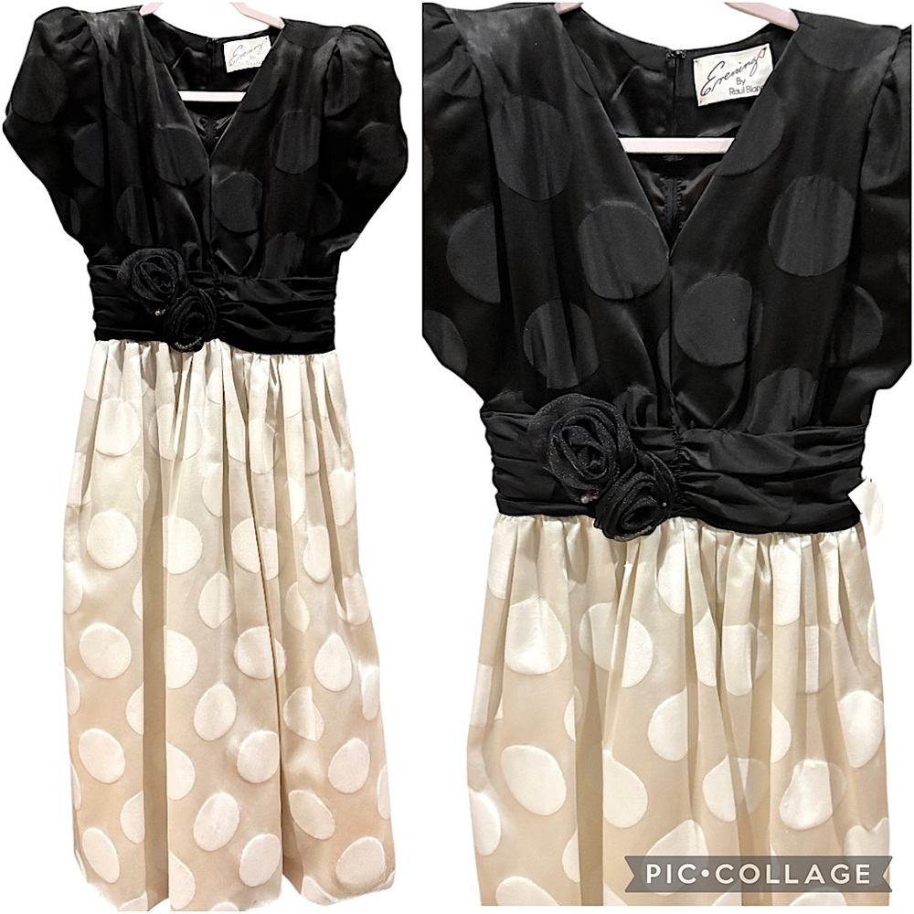 Vintage Raul Blanco Evenings Midi Dress in Black and Ivory. Size 6. 1980s.